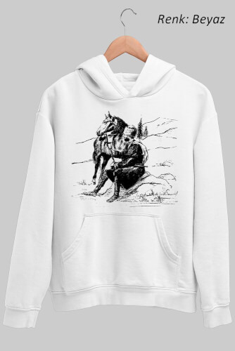 Kafkasya At ve Adam Figürlü Çizim Unisex Kapüşonlu Sweatshirt