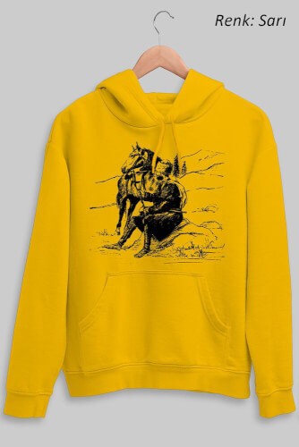 Kafkasya At ve Adam Figürlü Çizim Unisex Kapüşonlu Sweatshirt