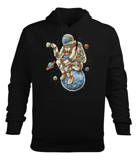 Kahve İçen Astronot - Astronaut with Coffee Vintage Baskılı Siyah Erkek Kapüşonlu Hoodie Sweatshirt