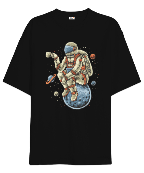 Kahve İçen Astronot - Astronaut with Coffee Vintage Baskılı Siyah Oversize Unisex Tişört