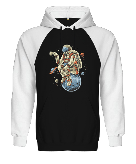 Kahve İçen Astronot - Astronaut with Coffee Vintage Baskılı Siyah/Beyaz Orjinal Reglan Hoodie Unisex Sweatshirt