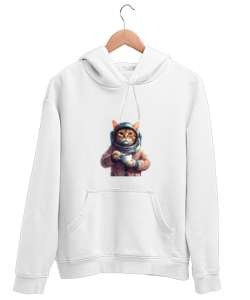 Kahve İçen Astronot Kedi Beyaz Unisex Kapşonlu Sweatshirt