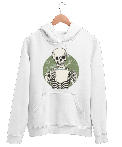 Tisho - Kahve İçen İskelet - Skeleton Coffee Beyaz Unisex Kapşonlu Sweatshirt