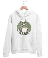 Kahve İçen İskelet - Skeleton Coffee Beyaz Unisex Kapşonlu Sweatshirt - Thumbnail