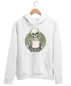 Kahve İçen İskelet - Skeleton Coffee Beyaz Unisex Kapşonlu Sweatshirt