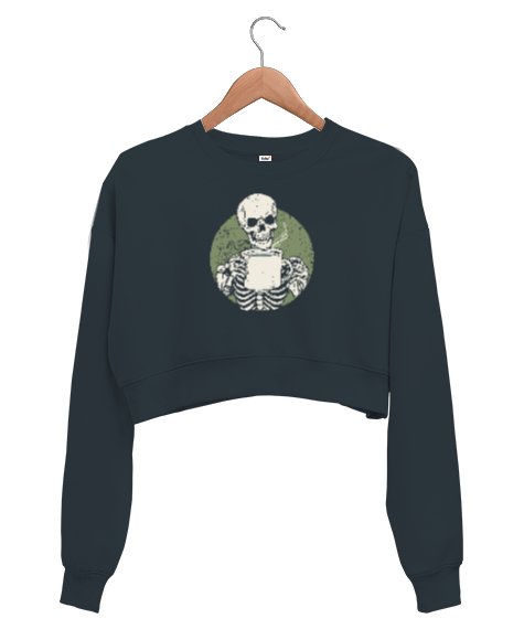 Tisho - Kahve İçen İskelet - Skeleton Coffee Füme Kadın Crop Sweatshirt