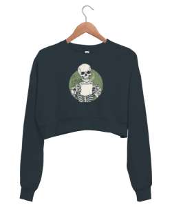 Kahve İçen İskelet - Skeleton Coffee Füme Kadın Crop Sweatshirt