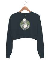 Kahve İçen İskelet - Skeleton Coffee Füme Kadın Crop Sweatshirt - Thumbnail