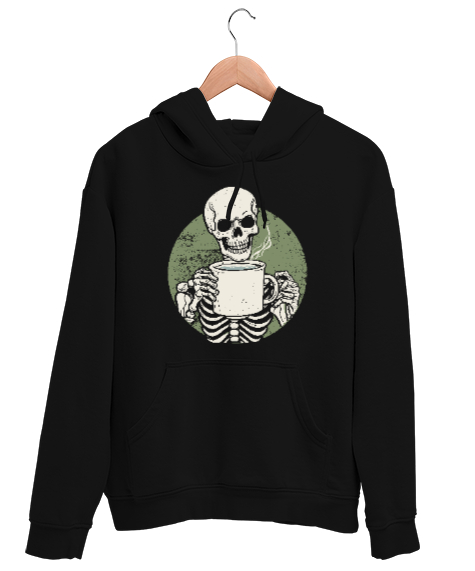 Tisho - Kahve İçen İskelet - Skeleton Coffee Siyah Unisex Kapşonlu Sweatshirt