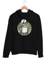 Kahve İçen İskelet - Skeleton Coffee Siyah Unisex Kapşonlu Sweatshirt - Thumbnail