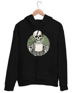 Kahve İçen İskelet - Skeleton Coffee Siyah Unisex Kapşonlu Sweatshirt