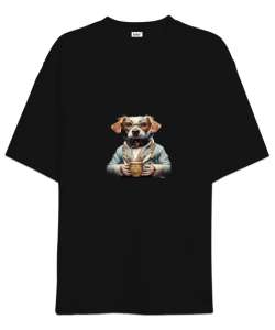 Kahve İçen Köpek Figürlü Siyah Oversize Unisex Tişört