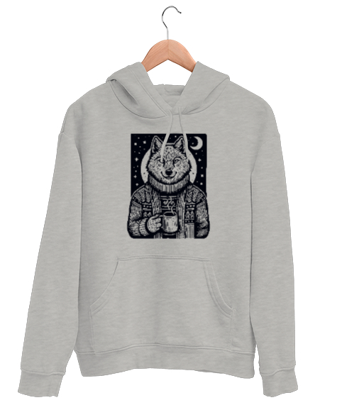 Tisho - Kahve İçen Kurt - Wolf Gri Unisex Kapşonlu Sweatshirt