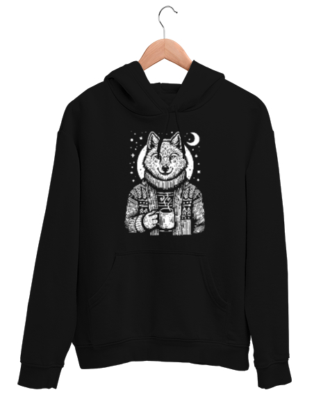 Tisho - Kahve İçen Kurt - Wolf Siyah Unisex Kapşonlu Sweatshirt