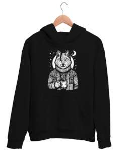 Kahve İçen Kurt - Wolf Siyah Unisex Kapşonlu Sweatshirt