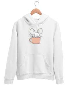 Kahve İçen Sevimli Fare Beyaz Unisex Kapşonlu Sweatshirt