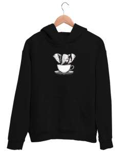 Kahve İçen Sevimli Fil Siyah Unisex Kapşonlu Sweatshirt