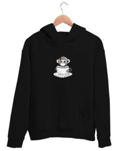 Kahve İçen Sevimli Maymun Siyah Unisex Kapşonlu Sweatshirt