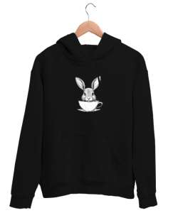 Kahve İçen Sevimli Tavşan Siyah Unisex Kapşonlu Sweatshirt