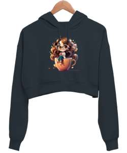 KAHVE KEYFi Füme Kadın Crop Hoodie Kapüşonlu Sweatshirt