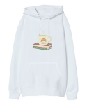 Kahve kitap desenli Beyaz Oversize Unisex Kapüşonlu Sweatshirt