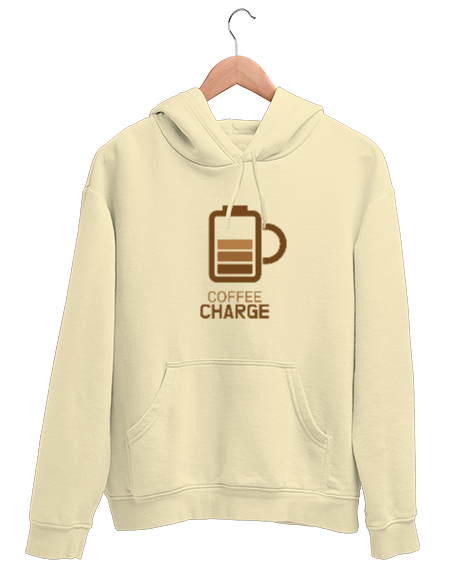 Tisho - Kahve ŞArjı - Coffee Charge Krem Unisex Kapşonlu Sweatshirt