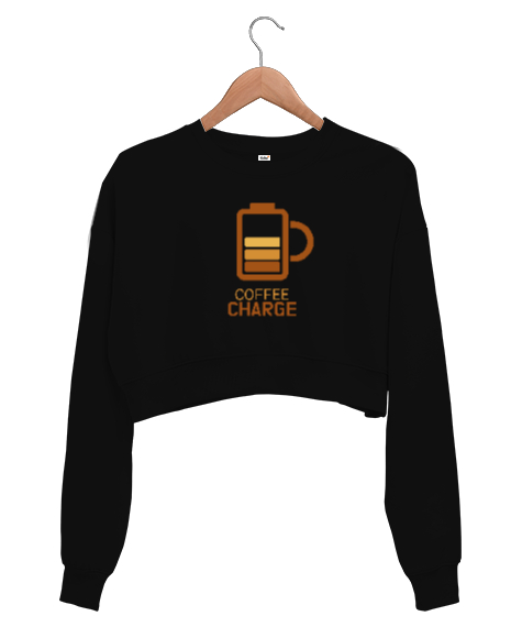 Tisho - Kahve ŞArjı - Coffee Charge Siyah Kadın Crop Sweatshirt