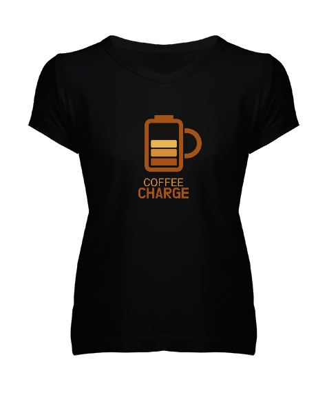 Tisho - Kahve ŞArjı - Coffee Charge Siyah Kadın V Yaka Tişört