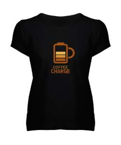 Kahve ŞArjı - Coffee Charge Siyah Kadın V Yaka Tişört