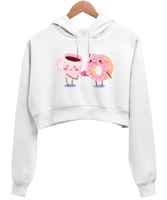 Kahve ve Donut Tasarım Kadın Crop Hoodie Kapüşonlu Sweatshirt