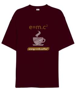 Kahve ve Süt Enerji Formülü - Coffee Milk Bordo Oversize Unisex Tişört