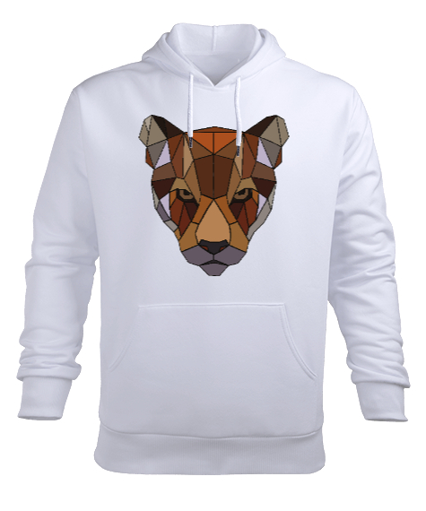 Kahverengi Soğuk Bakışlı Poligon Puma Suratı Beyaz Erkek Kapüşonlu Hoodie Sweatshirt