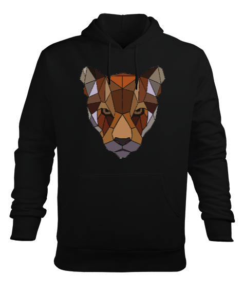 Kahverengi Soğuk Bakışlı Poligon Puma Suratı Siyah Erkek Kapüşonlu Hoodie Sweatshirt