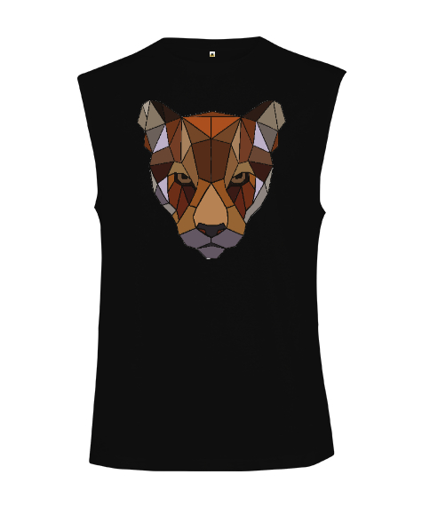 Kahverengi Soğuk Bakışlı Poligon Puma Suratı Siyah Kesik Kol Unisex Tişört
