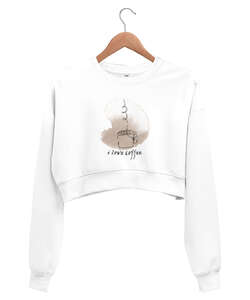 Kahveyi seviyorum Beyaz Kadın Crop Sweatshirt