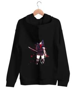 Kakkoii Anime Baskılı Siyah Unisex Kapşonlu Sweatshirt