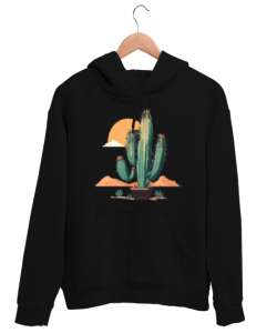 Kaktüs ve Günbatımı Siyah Unisex Kapşonlu Sweatshirt