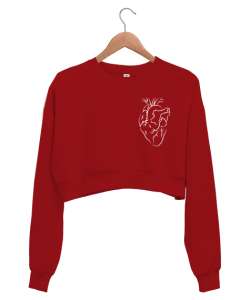 Kalbim - Kalp Çizim Kırmızı Kadın Crop Sweatshirt