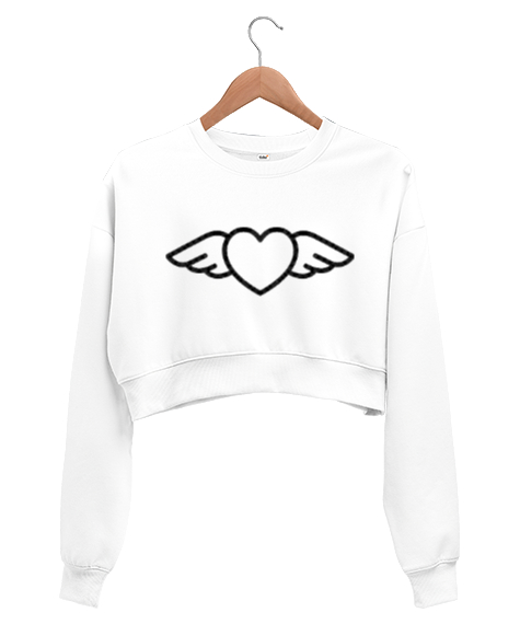 kalp Beyaz Kadın Crop Sweatshirt