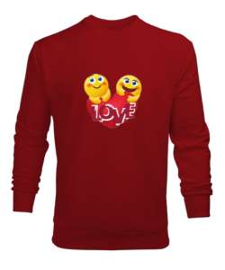 Kalp Emojili Love Yazı Baskılı Kırmızı Erkek Sweatshirt