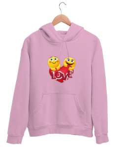 Kalp Emojili Love Yazı Baskılı Pembe Unisex Kapşonlu Sweatshirt