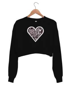 Kalp Mekanizma Siyah Kadın Crop Sweatshirt