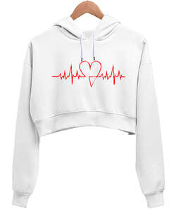 Kalp Nabız Baskılı Beyaz Kadın Crop Hoodie Kapüşonlu Sweatshirt