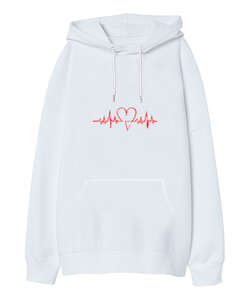 Kalp Nabız Baskılı Beyaz Oversize Unisex Kapüşonlu Sweatshirt