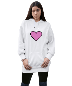 kalp pixel art Kadın Uzun Hoodie Kapüşonlu Sweatshirt