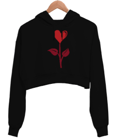 Kalp Ve Gül Kadın Crop Hoodie Kapüşonlu Sweatshirt