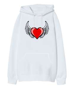 Kalp ve Kanatlar - Heart And Wings Beyaz Oversize Unisex Kapüşonlu Sweatshirt