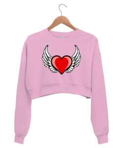 Kalp ve Kanatlar - Heart And Wings Pembe Kadın Crop Sweatshirt