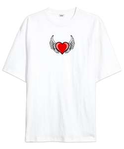 Kalp ve Kanatlar - Heart And Wings - Sırt Baskılı Beyaz Oversize Unisex Tişört