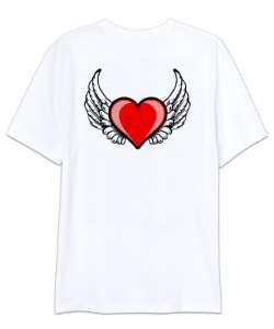 Kalp ve Kanatlar - Heart And Wings - Sırt Baskılı Beyaz Oversize Unisex Tişört